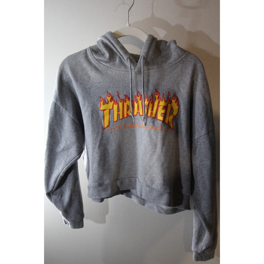 Thrasher Flame Logo Grey Pullover Hoodie Women's Crop Top Size S